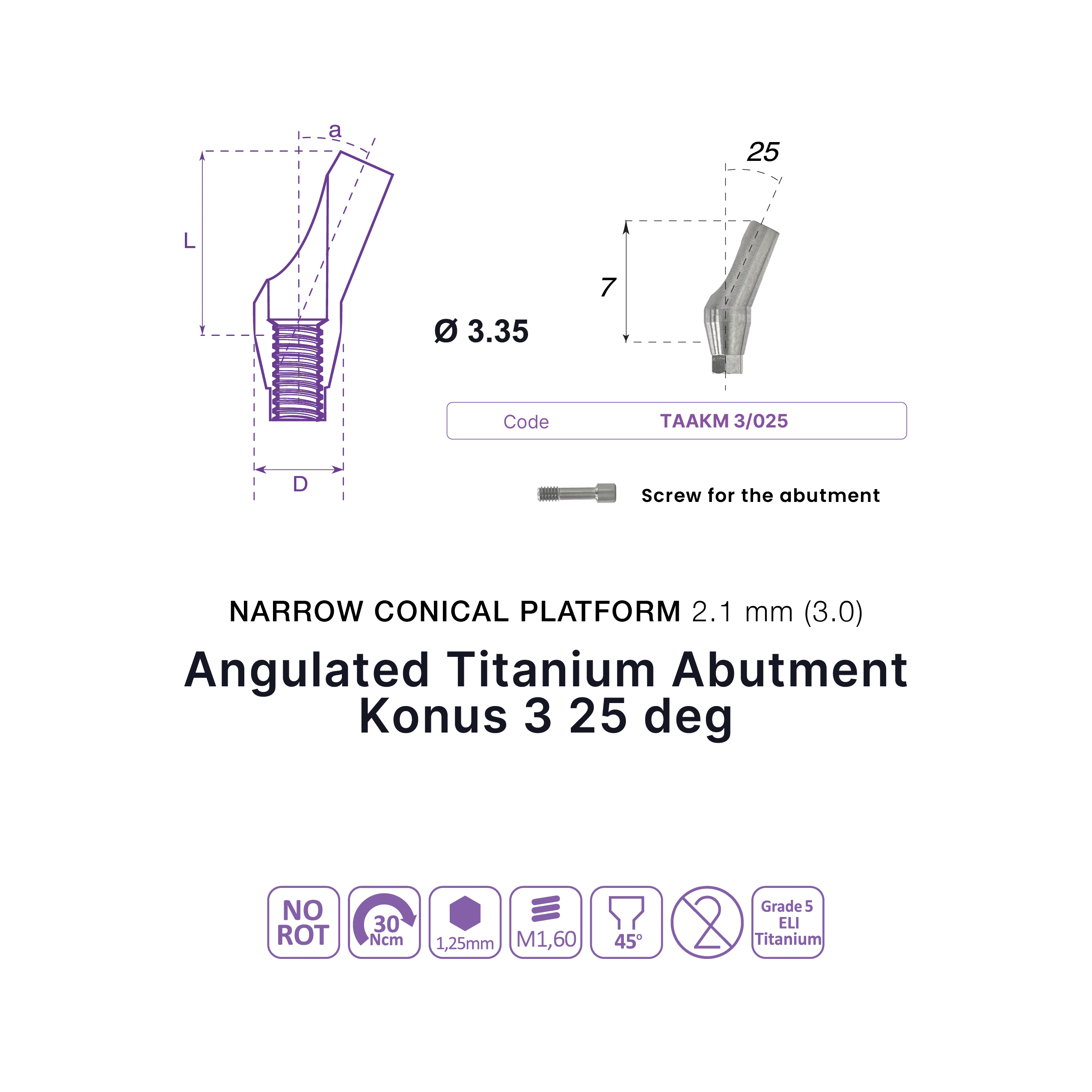 Angulated Titanium Abutment, 25° (no shoulder)